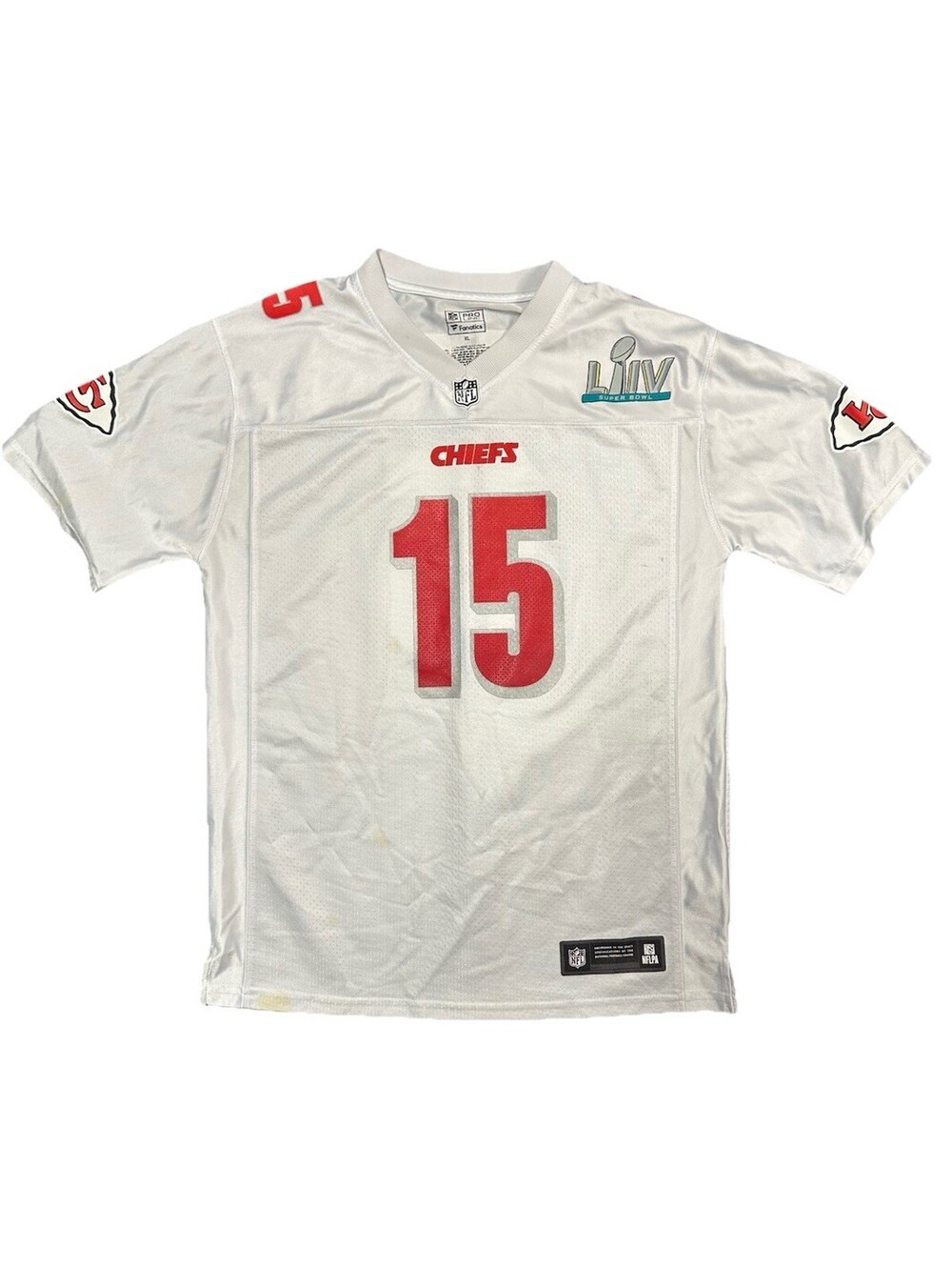 Patrick Mahomes #15 Chiefs Super Bowl LIV Patch Fanatics NFL Jersey XL White